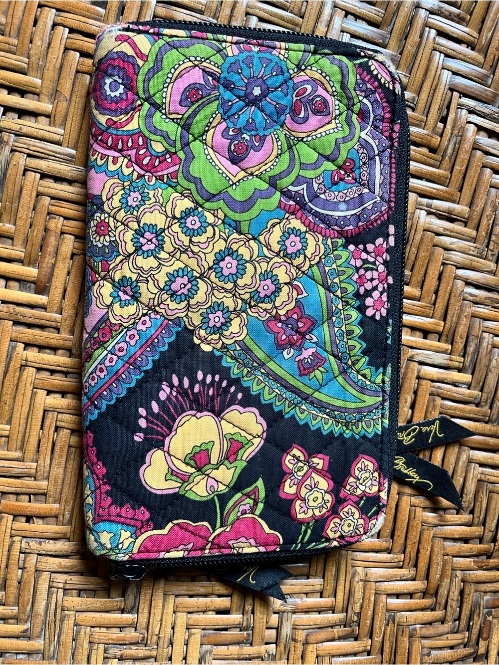 Vera Bradley Black Quilted Wristlet with Pink, Green and Blue Paisley